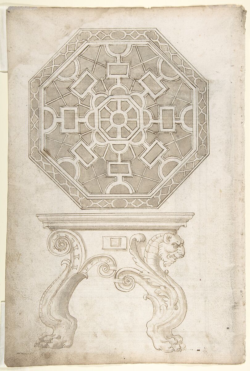 Design for an Octagonal Table and Top (Recto); Design for altar or tomb monument (Verso), Anonymous, Italian, 16th century (Italian, active Central Italy, ca. 1550–1580), Pen and brown ink, brush and gray-brown wash (recto); pen and brown ink, brush and brown wash (verso) 