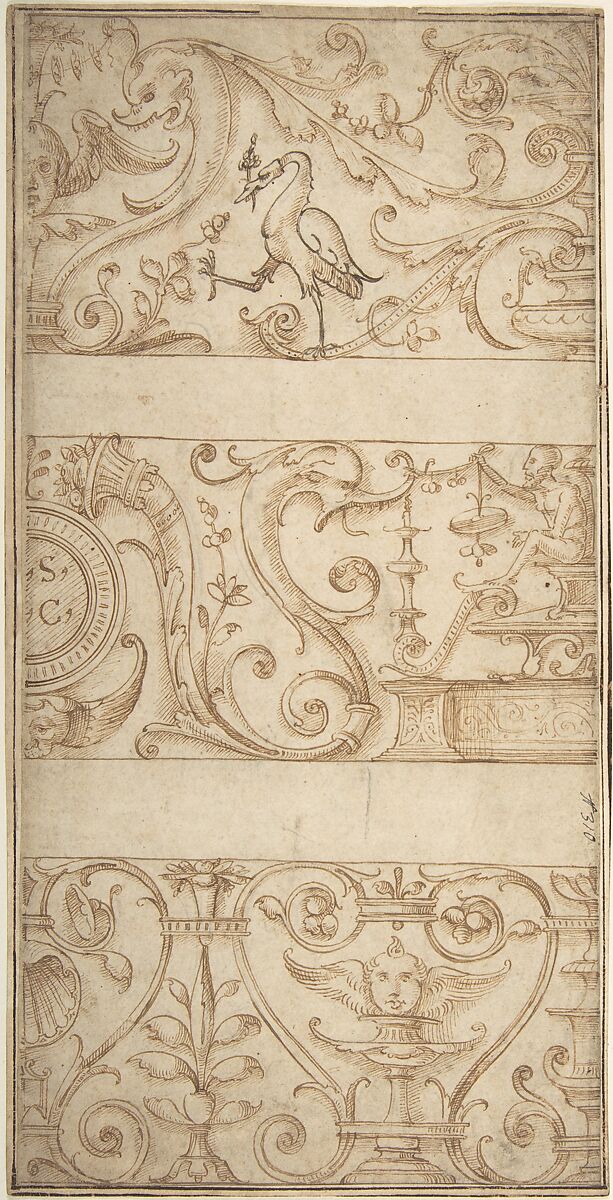 Ornament design after the antique, Anonymous, Italian, 16th century (Italian, active Central Italy, ca. 1550–1580), Pen and brown ink over leadpoint 