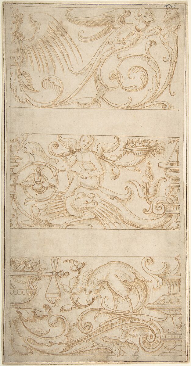 Antique-Style Ornamental Frieze Designs: Grotesques with Winged Infant, Masks, and Fantastic Animals, Anonymous, Italian, 16th century (Italian, active Central Italy, ca. 1550–1580), Pen and brown ink, over leadpoint, on buff laid paper 