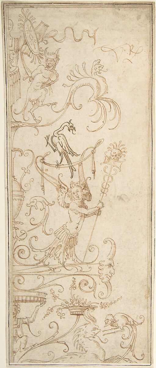 Antique-Style Ornamental Oblong Design: Grotesque Figures, Masks, and Amphorae, Anonymous, Italian, 16th century (Italian, active Central Italy, ca. 1550–1580), Pen and two colors of brown ink, over traces of leadpoint underdrawing, on buff laid paper 