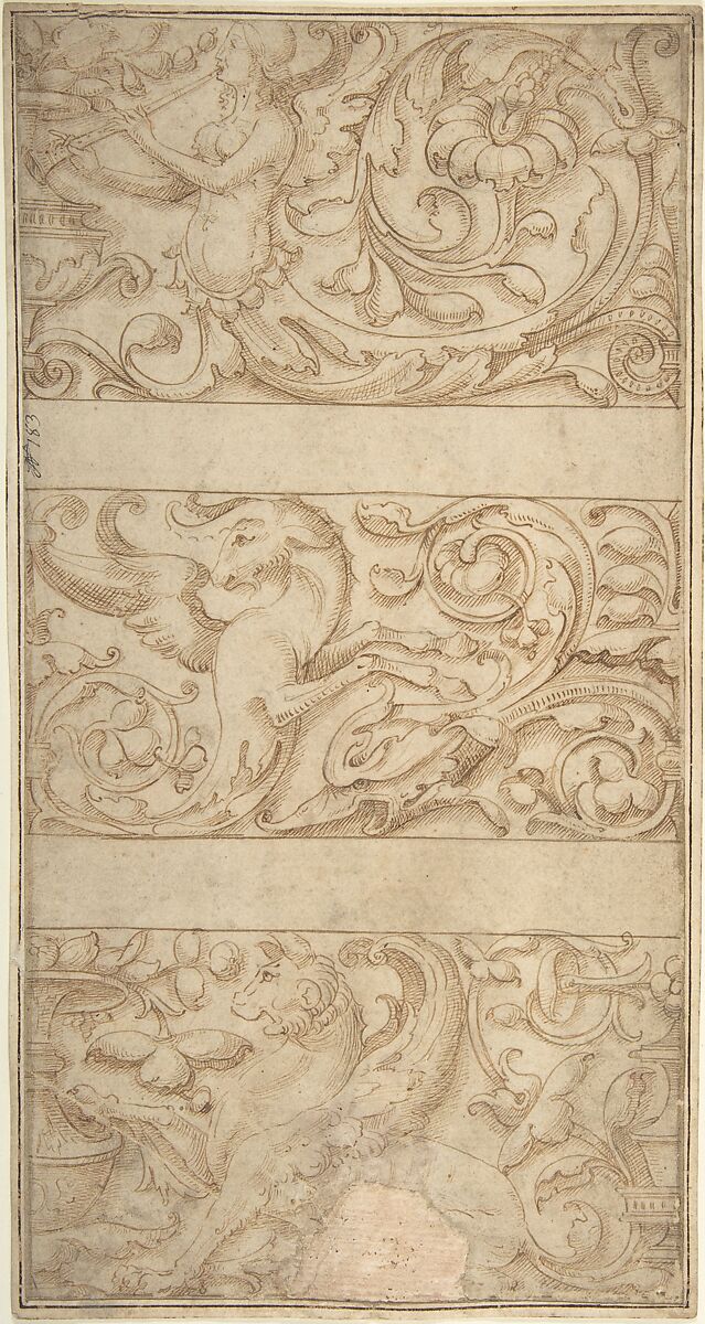 Antique-Style Ornament Frieze Design: Rinceaux with Grotesque Figures and Animals, Anonymous, Italian, 16th century (Italian, active Central Italy, ca. 1550–1580), Pen and brown ink, over traces of leadpoint underdrawing, on buff laid paper 