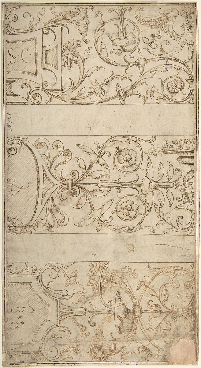 Antique-Style Ornamental Frieze Design: Lettered Panels, Rinceaux, and Masks, Anonymous, Italian, 16th century (Italian, active Central Italy, ca. 1550–1580), Pen and two color brown inks, over traces of leadpoint, on buff laid paper 