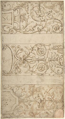 Antique-Style Ornamental Frieze Design: Lettered Panels, Rinceaux, and Masks