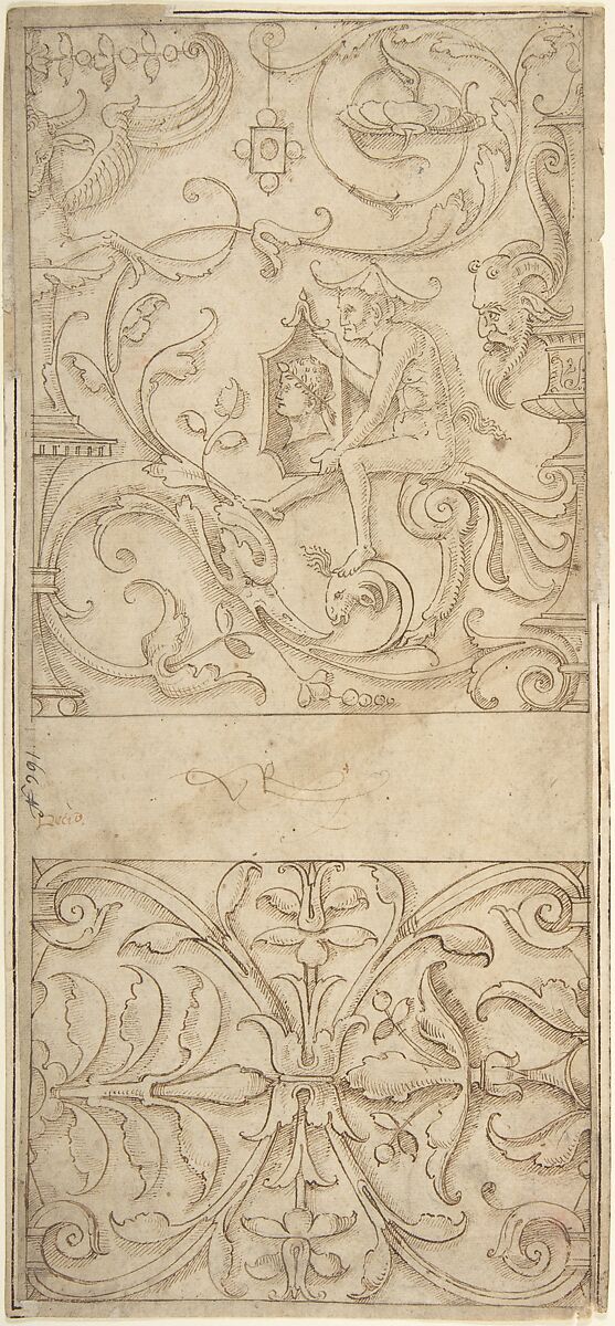 Antique-Style Ornamental Frieze Design: Grotteschi with Figures, Cornucopiae, and Shields., Anonymous, Italian, 16th century (Italian, active Central Italy, ca. 1550–1580), Pen and brown ink, over traces of leadpoint (?), on buff laid paper 