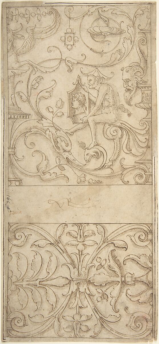 Anonymous, Italian, 16th century, Antique-Style Ornamental Frieze Design:  Grotteschi with Figures, Cornucopiae, and Shields.