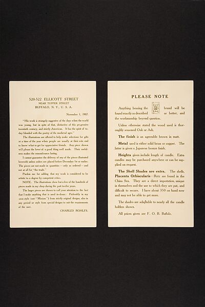 Set of Advertising Cards, Issued by Charles Rohlfs (American, Brooklyn, New York 1853–1936 Buffalo, New York), Half-tone commercial process, printed in brown ink on glossy wove paper