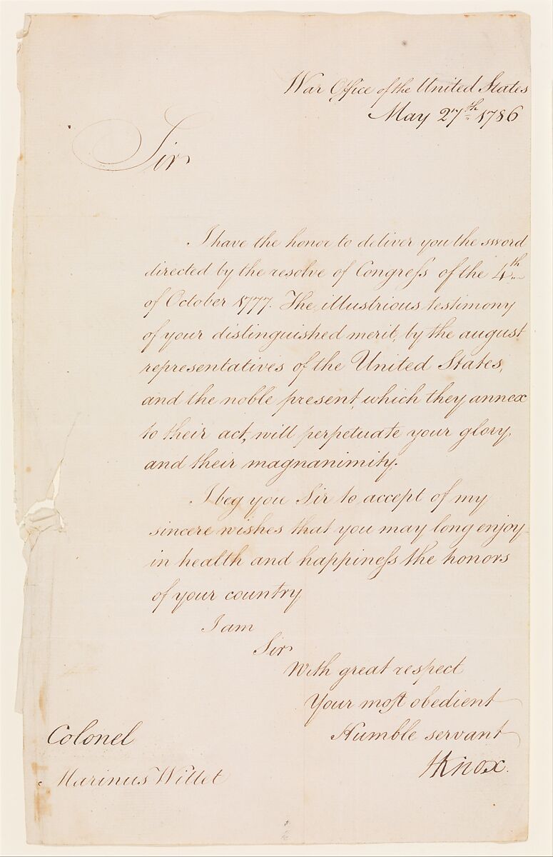 Letter from Henry Knox (1750–1806), Secretary of War, to Colonel Marinus Willett (1740–1830), General Henry Knox (American, Boston, Massachusetts 1750–1806 Thomaston, Maine), Ink on paper, American 