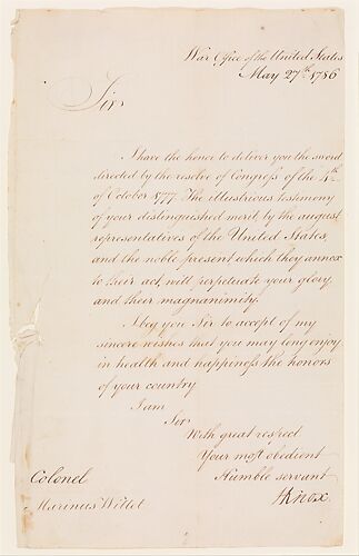 Letter from Henry Knox (1750–1806), Secretary of War, to Colonel Marinus Willett (1740–1830)