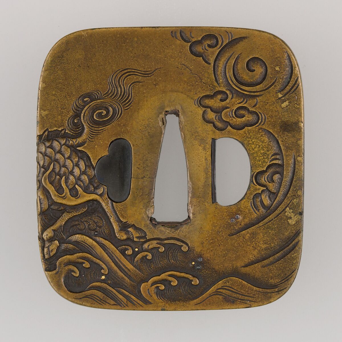 Sword Guard (<i>Tsuba</i>), Kawamura Tsuneshige (Japanese, active late 18th century), Brass, gold, silver, copper-gold alloy (<i>shakudō</i>), copper, Japanese