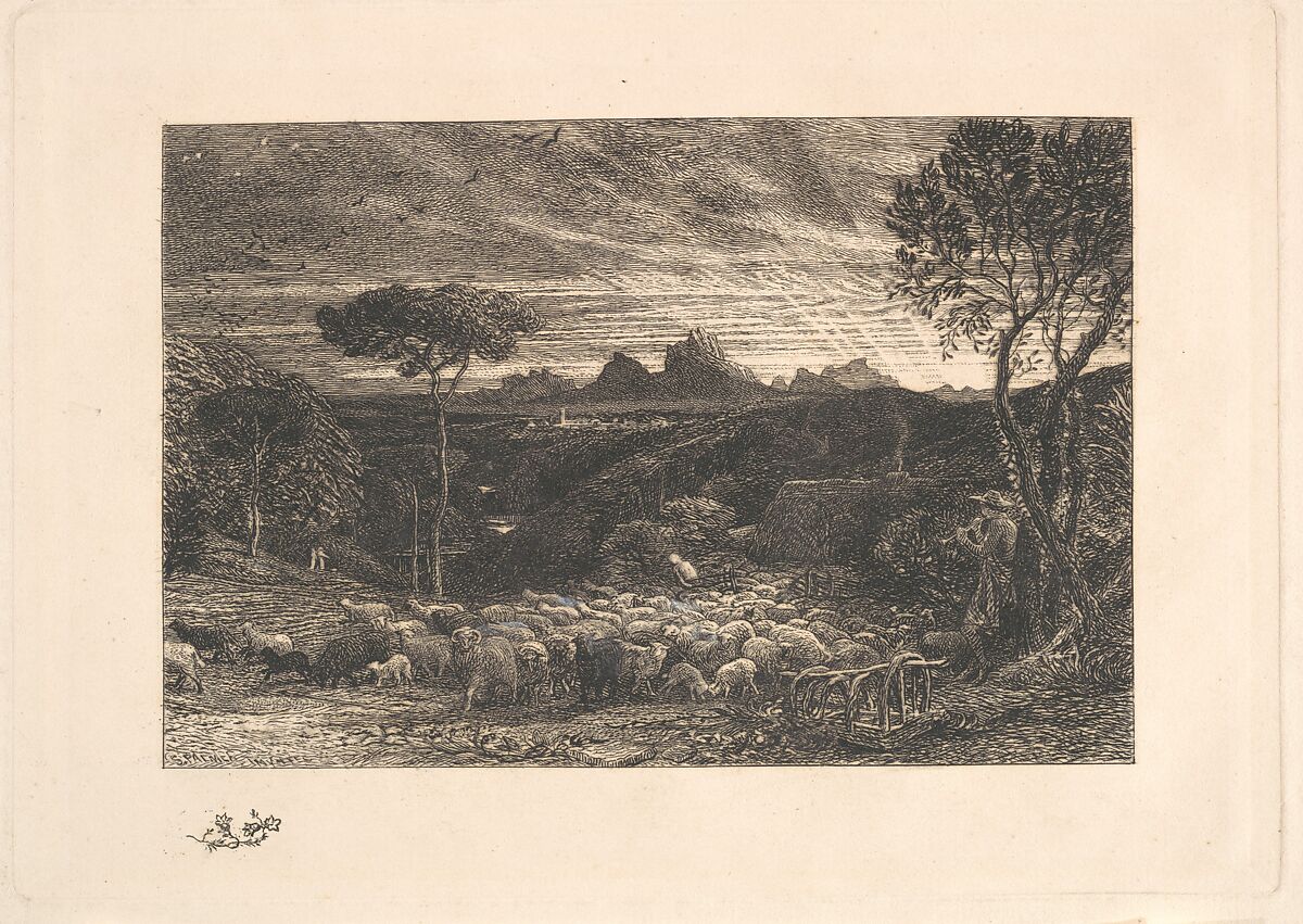 Opening the Fold, or Early Morning, Samuel Palmer (British, London 1805–1881 Redhill, Surrey), Etching; third state of ten, retouched in graphite