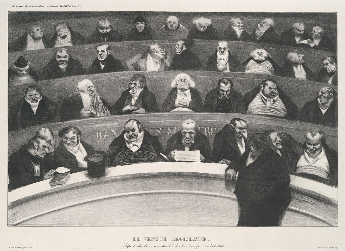 Le ventre législatif:  Aspect des bancs ministériels de la chambre improstituée de 1834, Honoré Daumier (French, Marseilles 1808–1879 Valmondois), Lithograph 