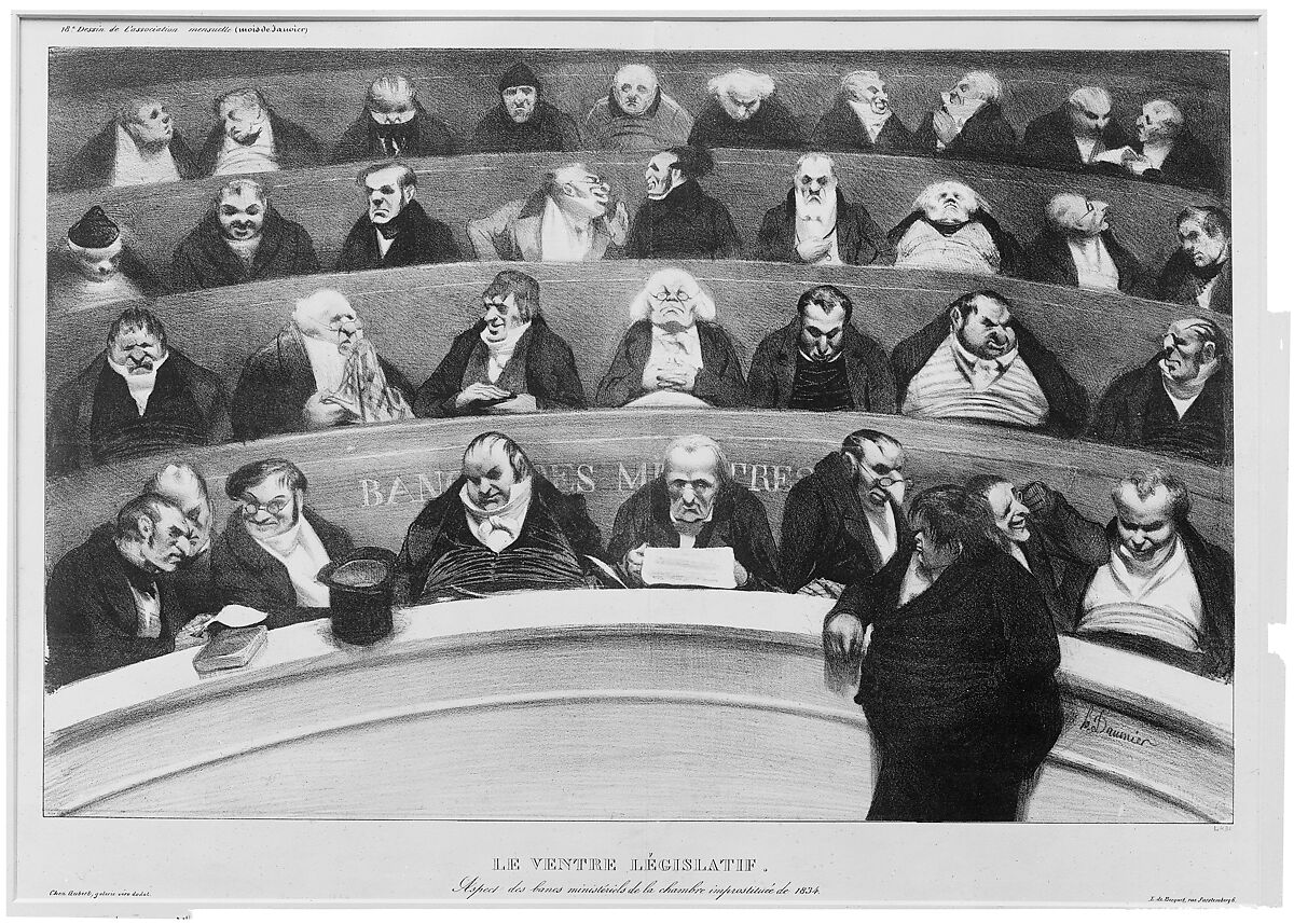 Le ventre législatif:  Aspect des bancs ministériels de la chambre improstituée de 1834, Honoré Daumier (French, Marseilles 1808–1879 Valmondois), Lithograph
