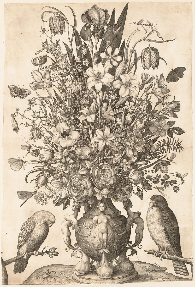 Vase of Flowers with Two Birds, Engraved by Nicolaes de Bruyn (Netherlandish,  Antwerp 1571–1656 Rotterdam), Engraving; first state of three. 