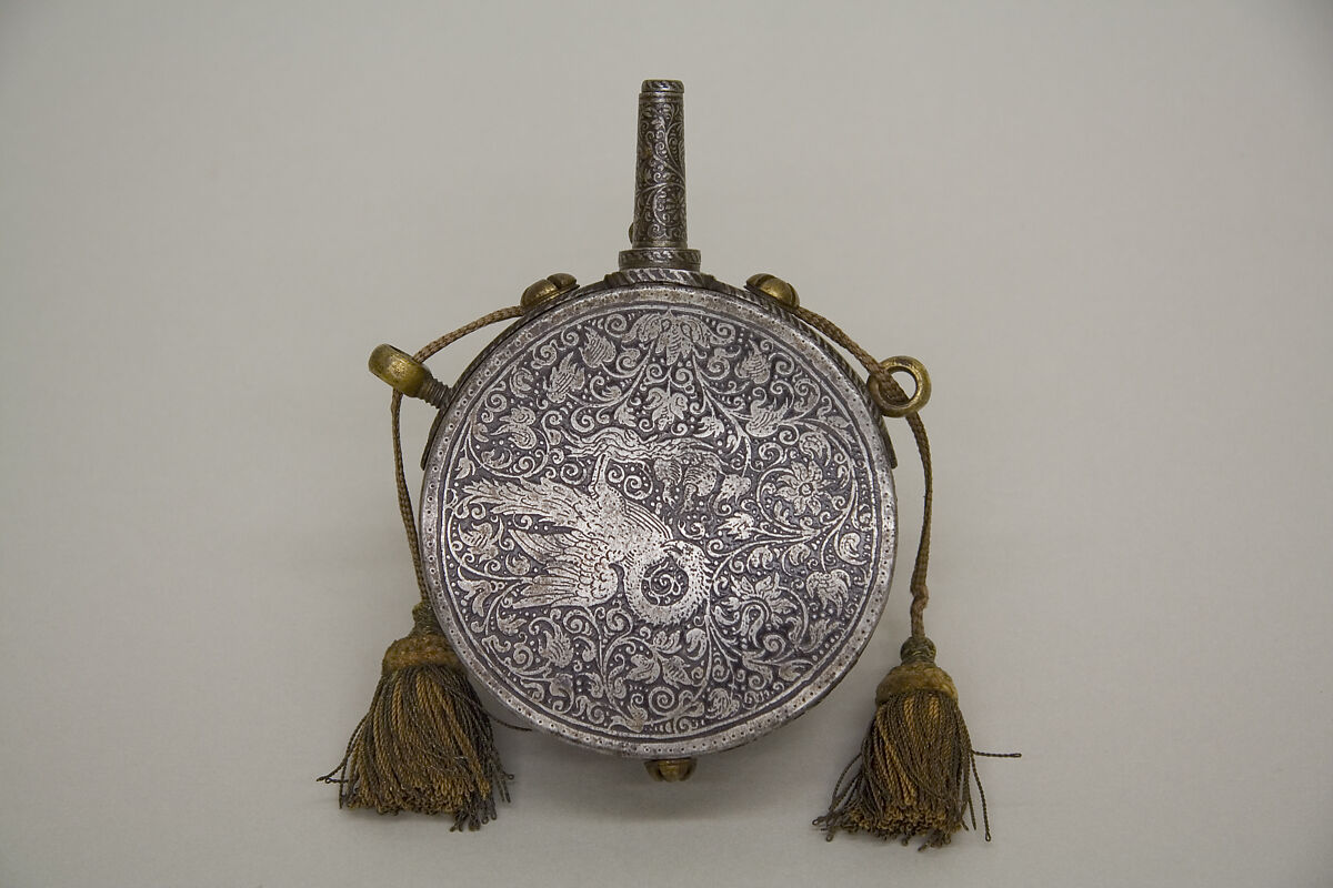 Priming Flask Bearing the Monograms and Arms of the Prince-Elector August I of Saxony (reigned 1553–86) and  Anna of Denmark (reigned 1553–85), Iron, gold, silver, silk, German, probably Saxony