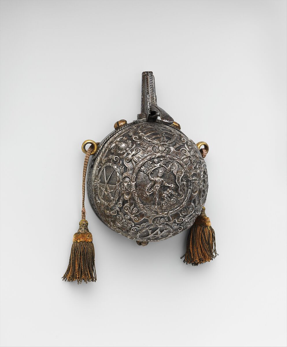 Priming Flask Bearing the Monograms and Arms of the Prince-Elector August I of Saxony (reigned 1553–86) and  Anna of Denmark (reigned 1553–85), Iron, gold, silver, silk, German, probably Saxony 