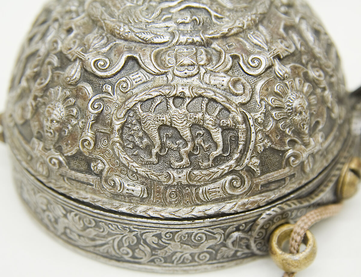 Priming Flask Bearing the Monograms and Arms of the Prince-Elector August I of Saxony (reigned 1553–86) and  Anna of Denmark (reigned 1553–85), Iron, gold, silver, silk, German, probably Saxony
