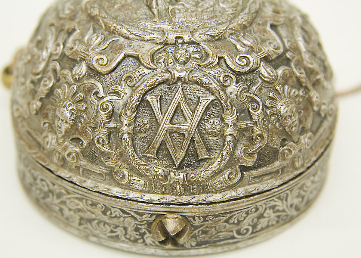 Priming Flask Bearing the Monograms and Arms of the Prince-Elector August I of Saxony (reigned 1553–86) and  Anna of Denmark (reigned 1553–85), Iron, gold, silver, silk, German, probably Saxony