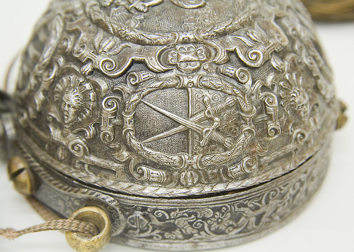 Priming Flask Bearing the Monograms and Arms of the Prince-Elector August I of Saxony (reigned 1553–86) and  Anna of Denmark (reigned 1553–85), Iron, gold, silver, silk, German, probably Saxony