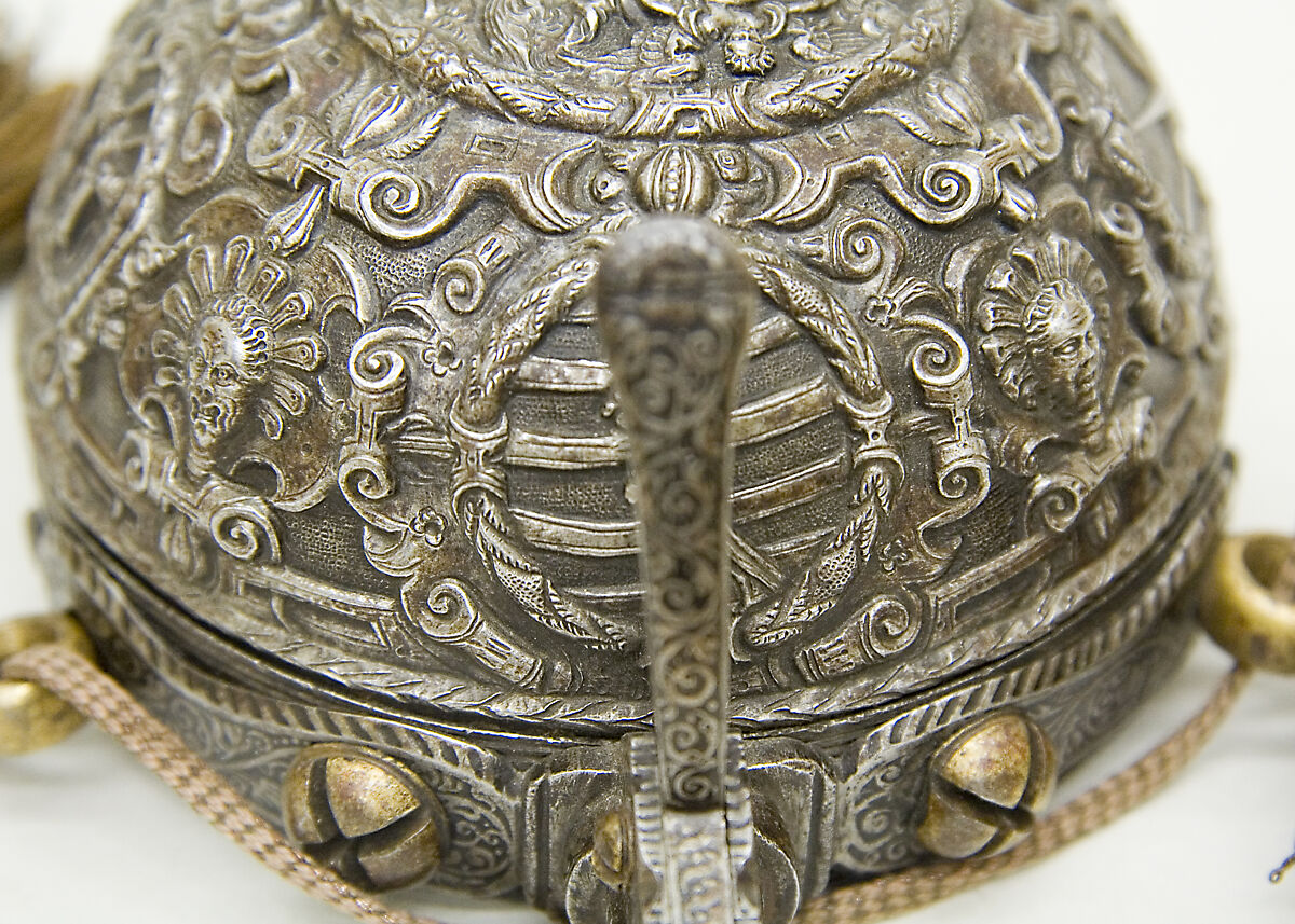 Priming Flask Bearing the Monograms and Arms of the Prince-Elector August I of Saxony (reigned 1553–86) and  Anna of Denmark (reigned 1553–85), Iron, gold, silver, silk, German, probably Saxony