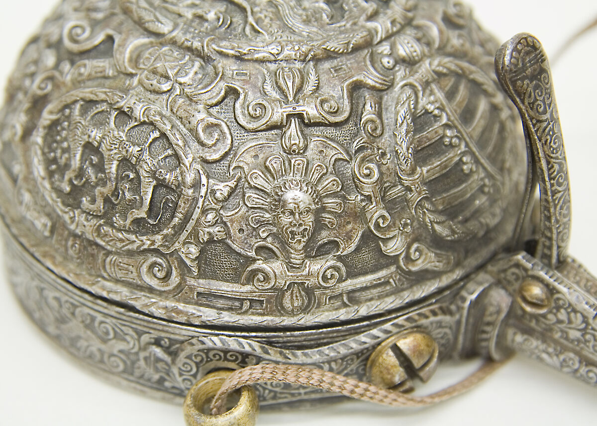 Priming Flask Bearing the Monograms and Arms of the Prince-Elector August I of Saxony (reigned 1553–86) and  Anna of Denmark (reigned 1553–85), Iron, gold, silver, silk, German, probably Saxony