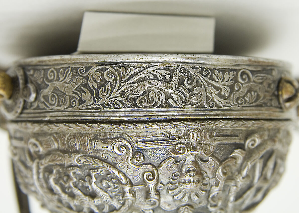 Priming Flask Bearing the Monograms and Arms of the Prince-Elector August I of Saxony (reigned 1553–86) and  Anna of Denmark (reigned 1553–85), Iron, gold, silver, silk, German, probably Saxony