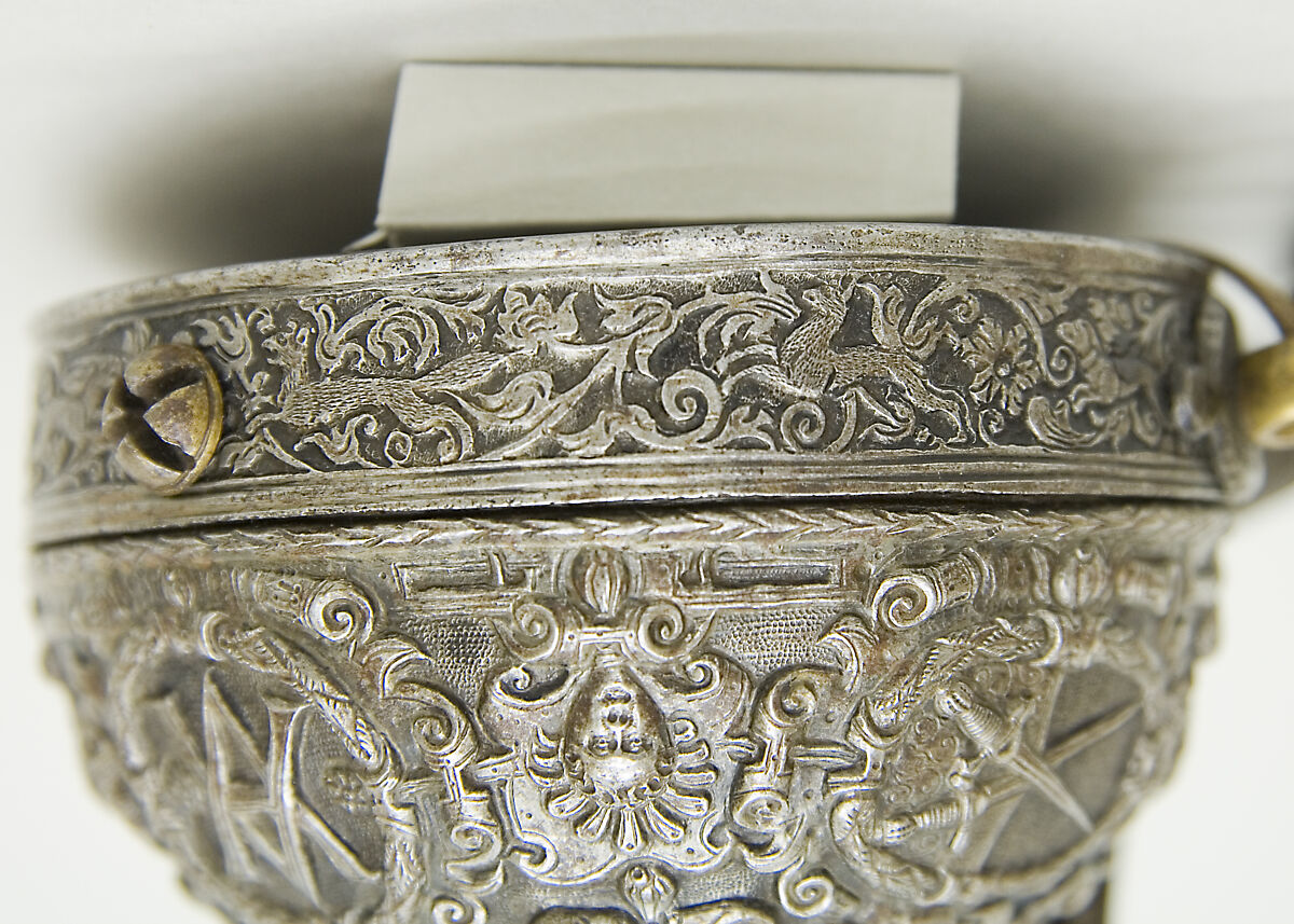 Priming Flask Bearing the Monograms and Arms of the Prince-Elector August I of Saxony (reigned 1553–86) and  Anna of Denmark (reigned 1553–85), Iron, gold, silver, silk, German, probably Saxony