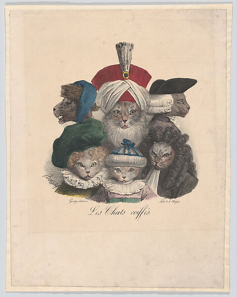 Les Chats Coiffés, Boissy (French, active ca. 1825), Lithograph, hand colored 