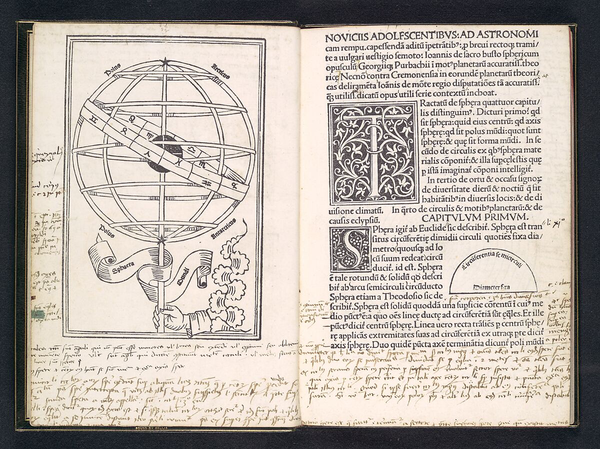 Sphaera Mundi, Johannes de Sacrobosco (John Holybush) (British (?), active Paris ca. 1220–ca. 1256), Printed book with woodcut illustrations printed or colored with stencils in one, two, and three colors. Many marginal notes and sketches in brown ink.