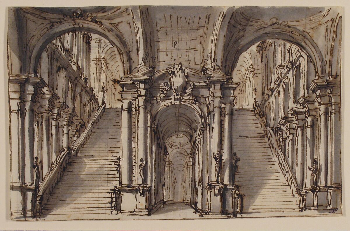 Design for a Stage Set: Double Stairway Pierced by an Arcade (recto); Slight Sketch (verso), Giovanni Battista Natali III (Italian, Pontremoli, Tuscany 1698–1765 Naples), Pen and brown ink, brush and gray wash, over traces of graphite or black chalk (recto); Pen and brown ink (verso)