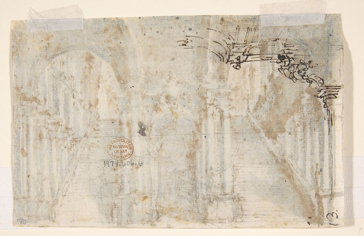 Design for a Stage Set: Double Stairway Pierced by an Arcade (recto); Slight Sketch (verso), Giovanni Battista Natali III (Italian, Pontremoli, Tuscany 1698–1765 Naples), Pen and brown ink, brush and gray wash, over traces of graphite or black chalk (recto); Pen and brown ink (verso)