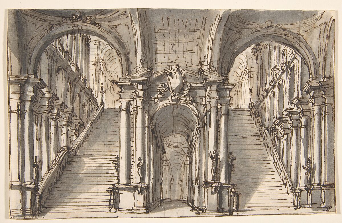 Design for a Stage Set: Double Stairway Pierced by an Arcade (recto); Slight Sketch (verso), Giovanni Battista Natali III (Italian, Pontremoli, Tuscany 1698–1765 Naples), Pen and brown ink, brush and gray wash, over traces of graphite or black chalk (recto); Pen and brown ink (verso) 
