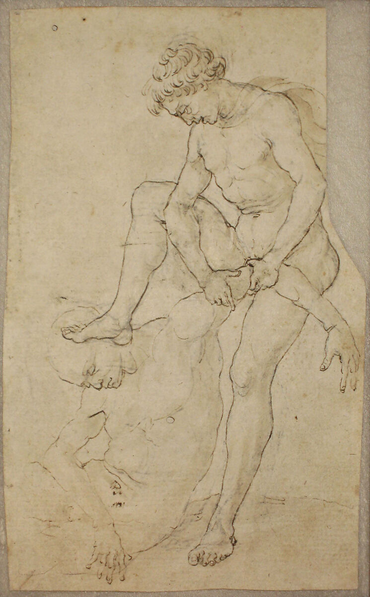 A Warrior Subduing Another (recto); Warrior Seen in Bust-Length with Fantastic Helmet (verso), Maso Finiguerra (Italian, Florence 1426–1464 Florence), Pen and brown ink, brush and brown wash, over black chalk or leadpoint (recto and verso)