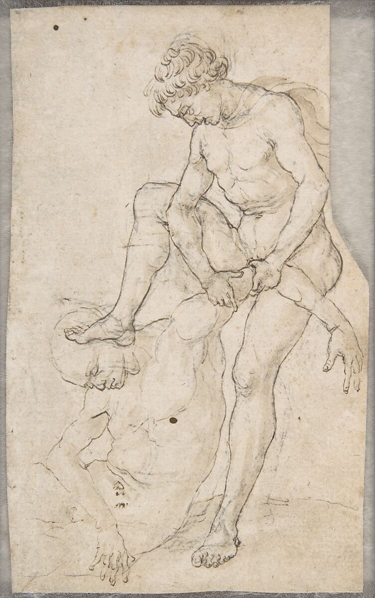 A Warrior Subduing Another (recto); Warrior Seen in Bust-Length with Fantastic Helmet (verso), Maso Finiguerra (Italian, Florence 1426–1464 Florence), Pen and brown ink, brush and brown wash, over black chalk or leadpoint (recto and verso) 