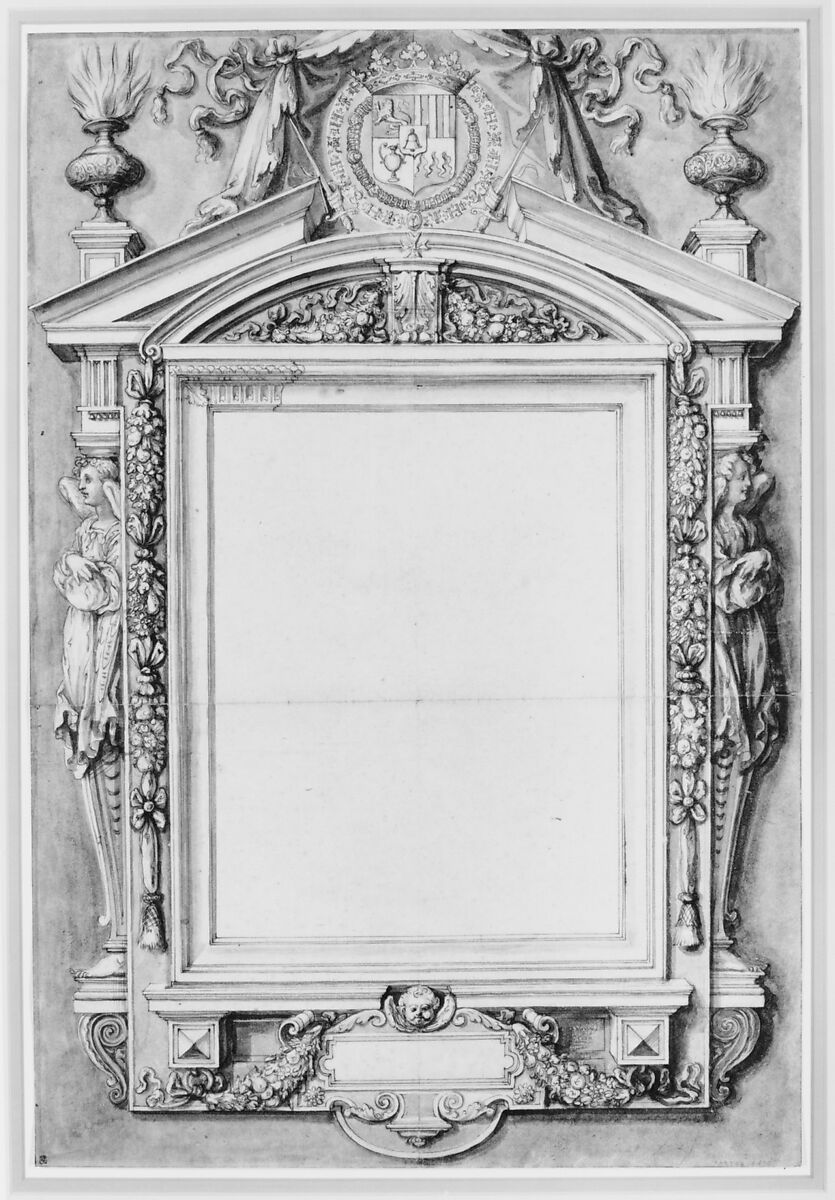 Design for the Frame of a Funerary Plaque with the Coat of Arms of Roger II de Saint Lary, Duc de Bellegarde, Etienne Martellange (French, Lyon 1568–1641 Paris), Pen and brown ink, brush and brown and blue wash, over traces of black chalk