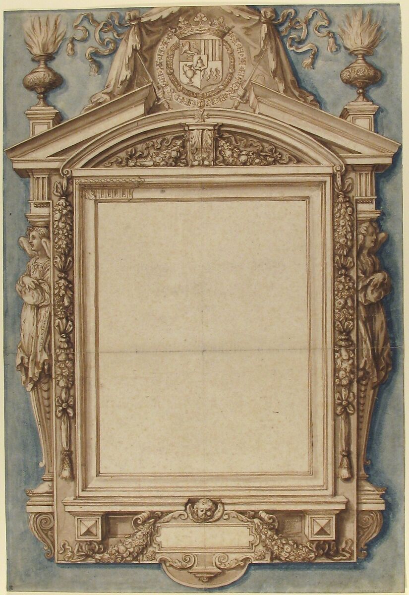 Design for the Frame of a Funerary Plaque with the Coat of Arms of Roger II de Saint Lary, Duc de Bellegarde, Etienne Martellange (French, Lyon 1568–1641 Paris), Pen and brown ink, brush and brown and blue wash, over traces of black chalk