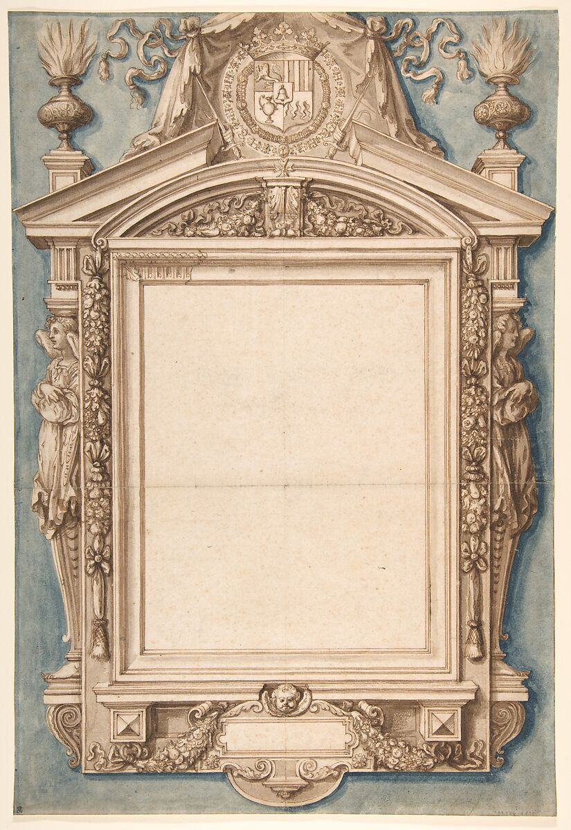 Design for the Frame of a Funerary Plaque with the Coat of Arms of Roger II de Saint Lary, Duc de Bellegarde, Etienne Martellange (French, Lyon 1568–1641 Paris), Pen and brown ink, brush and brown and blue wash, over traces of black chalk underdrawing 