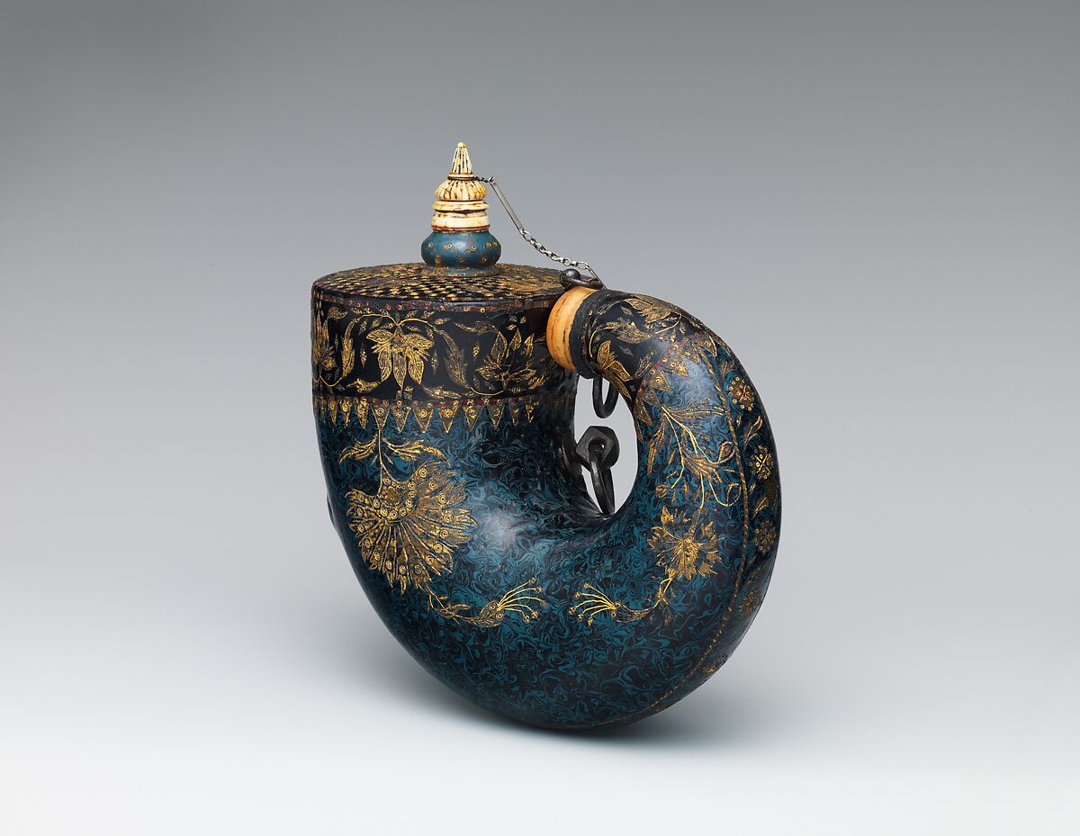 Powder Flask, Horn, lacquer, ivory, bone, gold, silver, copper alloy, iron, pigment, Indian, possibly Deccan