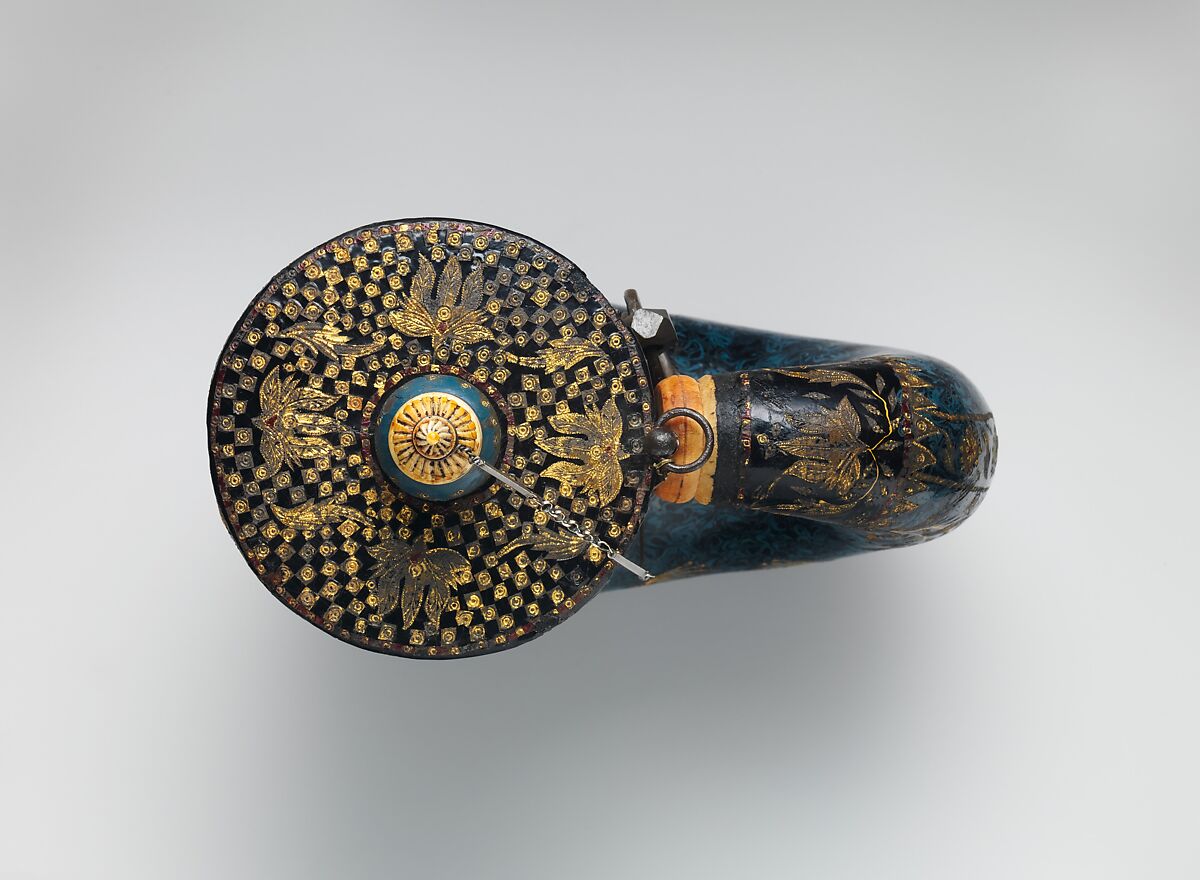 Powder Flask, Horn, lacquer, ivory, bone, gold, silver, copper alloy, iron, pigment, Indian, possibly Deccan