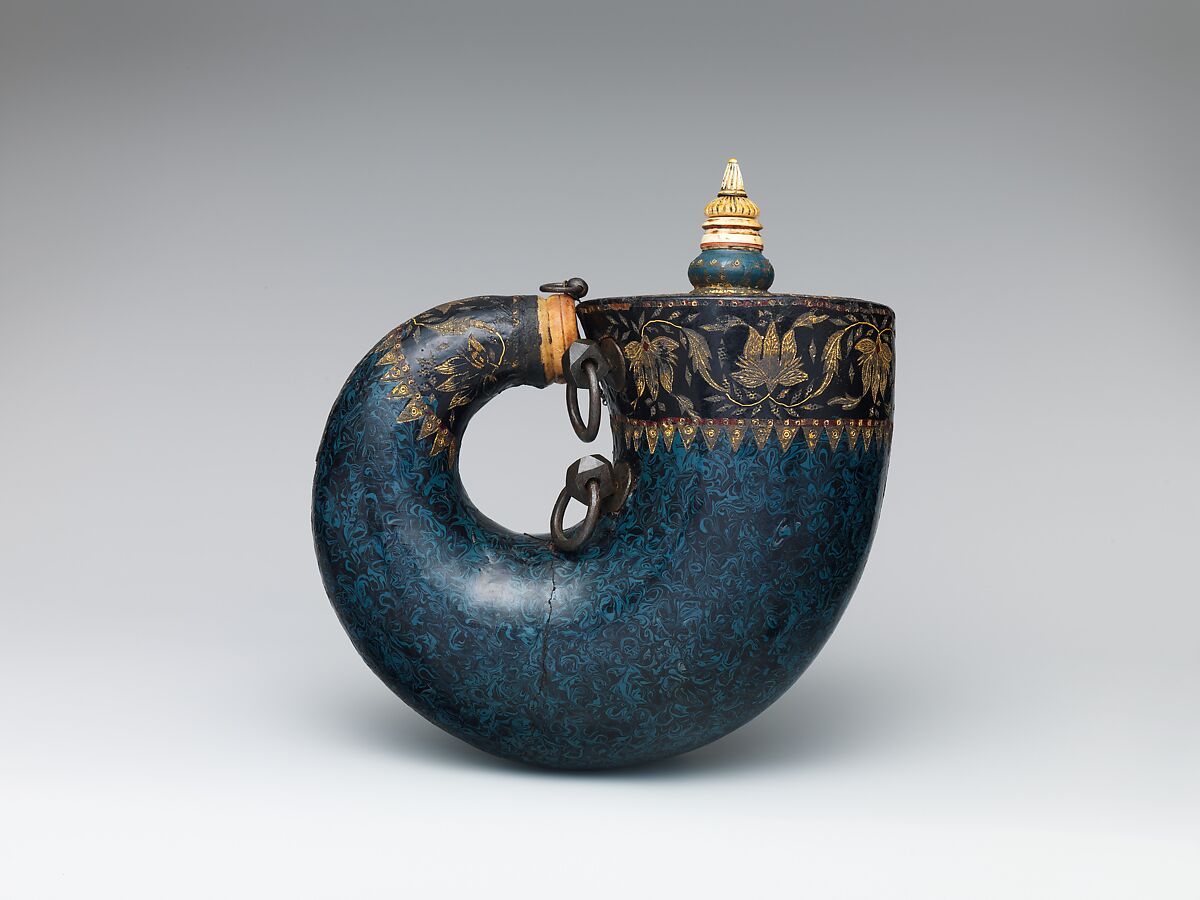 Powder Flask, Horn, lacquer, ivory, bone, gold, silver, copper alloy, iron, pigment, Indian, possibly Deccan