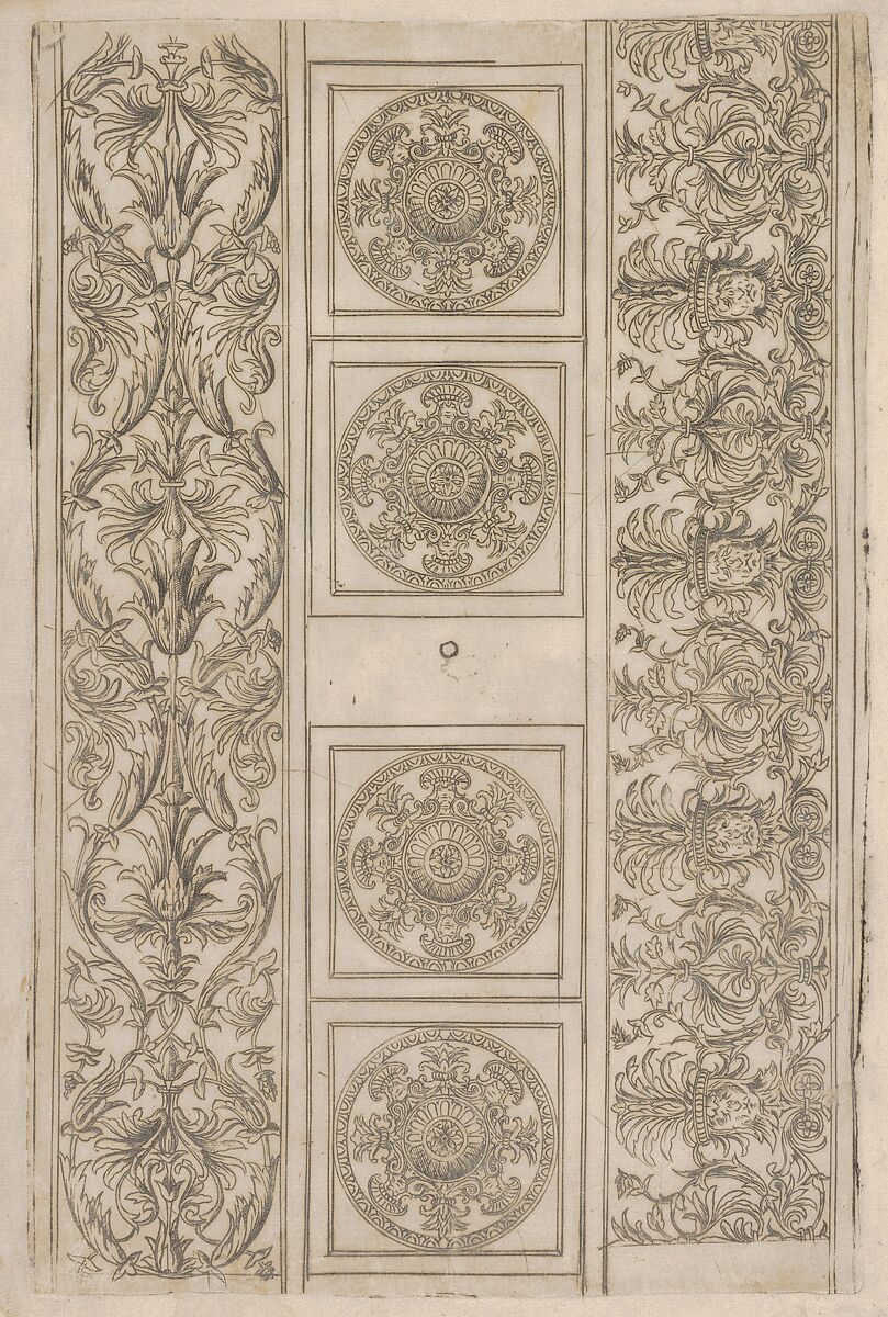 Sheet of border segments: vertical floral ornament, horizontal frieze, four corners, Francesco Rosselli (Italian, Florence 1448–1508/27 Venice (?)), Engraving 