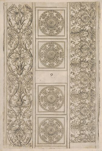 Sheet of border segments: vertical floral ornament, horizontal frieze, four corners