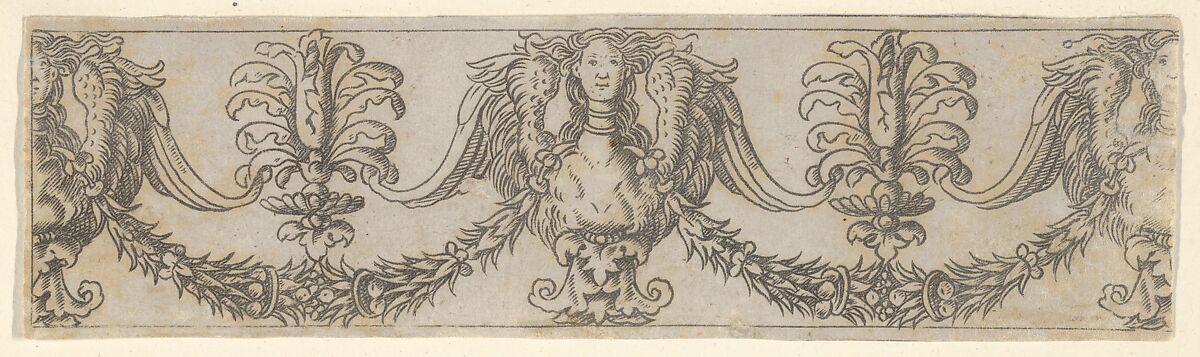 Fragment of a horizontal frieze with female bust in the center, garlands, anthemia, cut from a plate of border segments, Francesco Rosselli  Italian, Engraving