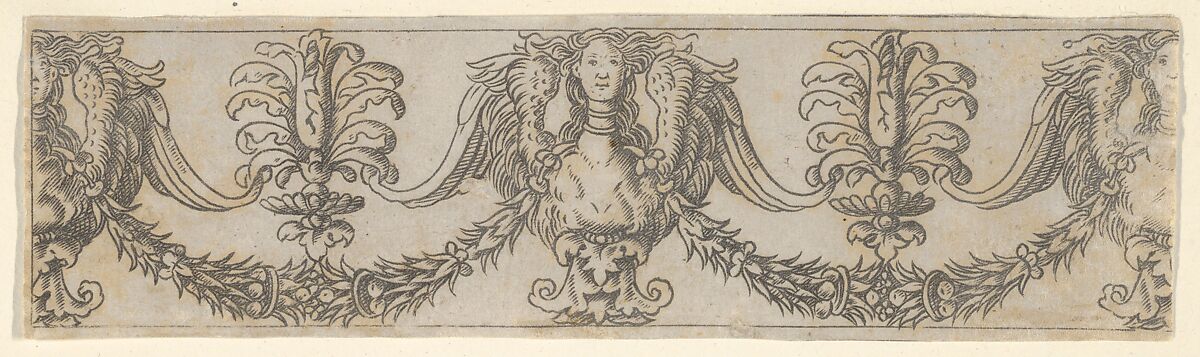 Fragment of a horizontal frieze with female bust in the center, garlands, anthemia, cut from a plate of border segments, Francesco Rosselli (Italian, Florence 1448–1508/27 Venice (?)), Engraving 