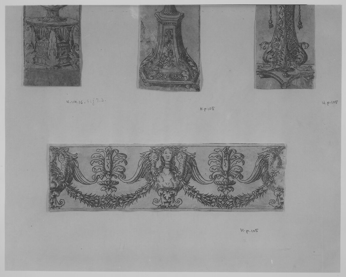 Fragment of a horizontal frieze with female bust in the center, garlands, anthemia, cut from a plate of border segments, Francesco Rosselli (Italian, Florence 1448–1508/27 Venice (?)), Engraving