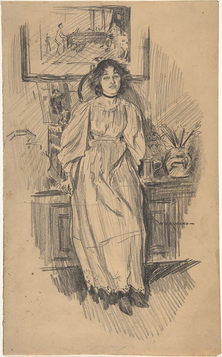Young Woman Leaning against a Low Cabinet in Artist's Studio, William Douglas Almond (British, London 1866–1916 London), Graphite 