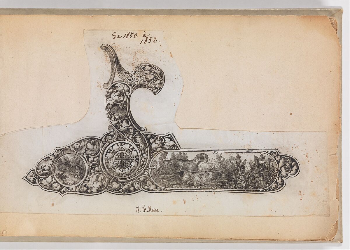 Album of Firearms Ornament Containing Approximately Five Hundred and Forty Inked Impressions of Engraved Firearms Locks and Mounts, and Forty-Two Original Pen and Ink Designs on Forty Double-Sided Leaves, Ink on paper, Belgian and French 