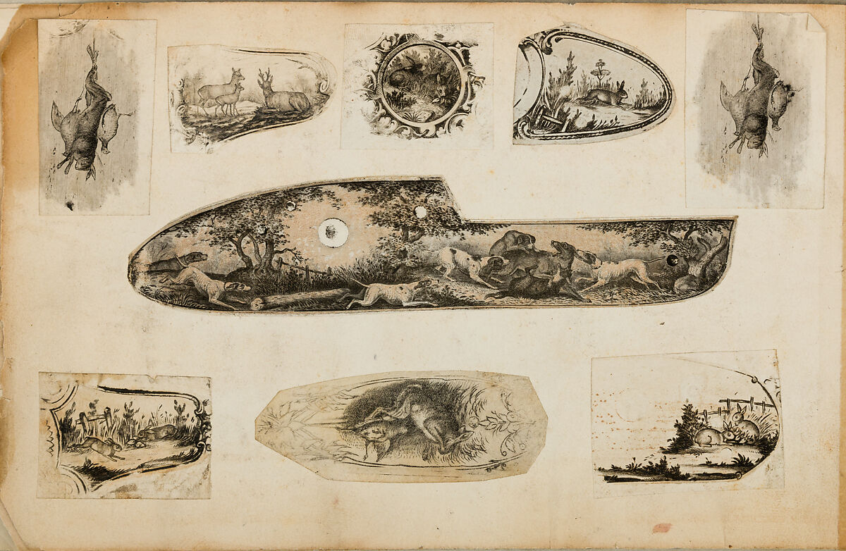 Album of Firearms Ornament Containing Approximately Five Hundred and Forty Inked Impressions of Engraved Firearms Locks and Mounts, and Forty-Two Original Pen and Ink Designs on Forty Double-Sided Leaves, Ink on paper, Belgian and French