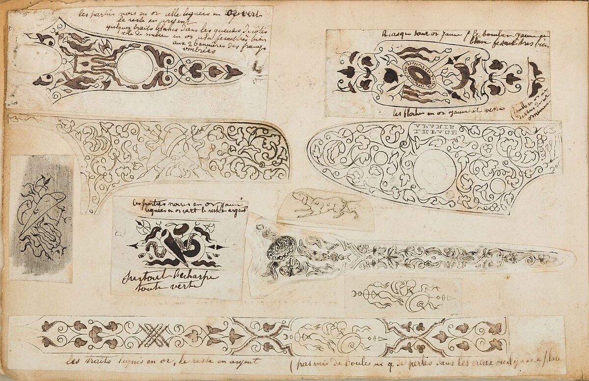 Album of Firearms Ornament Containing Approximately Five Hundred and Forty Inked Impressions of Engraved Firearms Locks and Mounts, and Forty-Two Original Pen and Ink Designs on Forty Double-Sided Leaves, Ink on paper, Belgian and French
