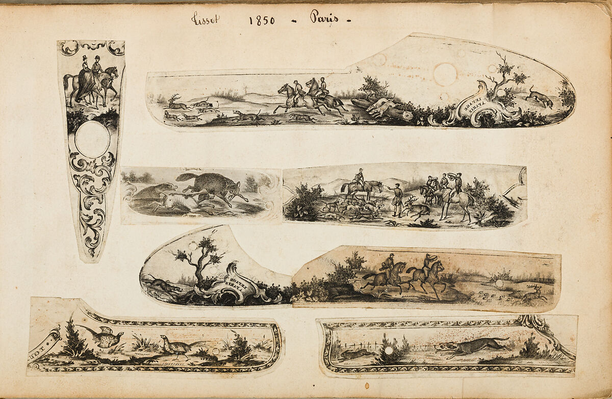 Album of Firearms Ornament Containing Approximately Five Hundred and Forty Inked Impressions of Engraved Firearms Locks and Mounts, and Forty-Two Original Pen and Ink Designs on Forty Double-Sided Leaves, Ink on paper, Belgian and French