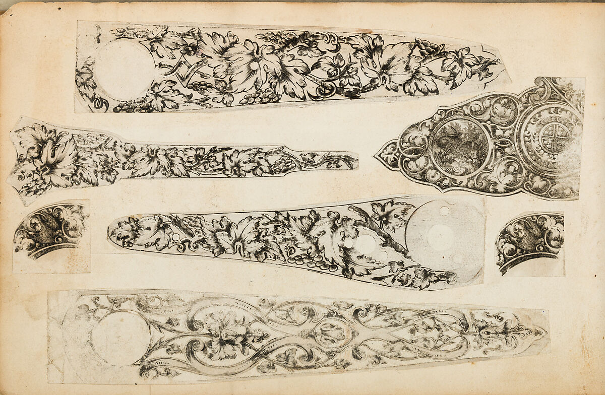 Album of Firearms Ornament Containing Approximately Five Hundred and Forty Inked Impressions of Engraved Firearms Locks and Mounts, and Forty-Two Original Pen and Ink Designs on Forty Double-Sided Leaves, Ink on paper, Belgian and French